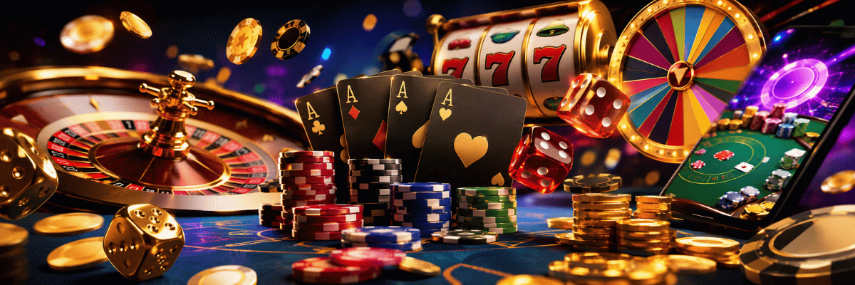 Live casino gaming with roulette wheel, slot machine, playing cards, poker chips, dice, and gold coins.