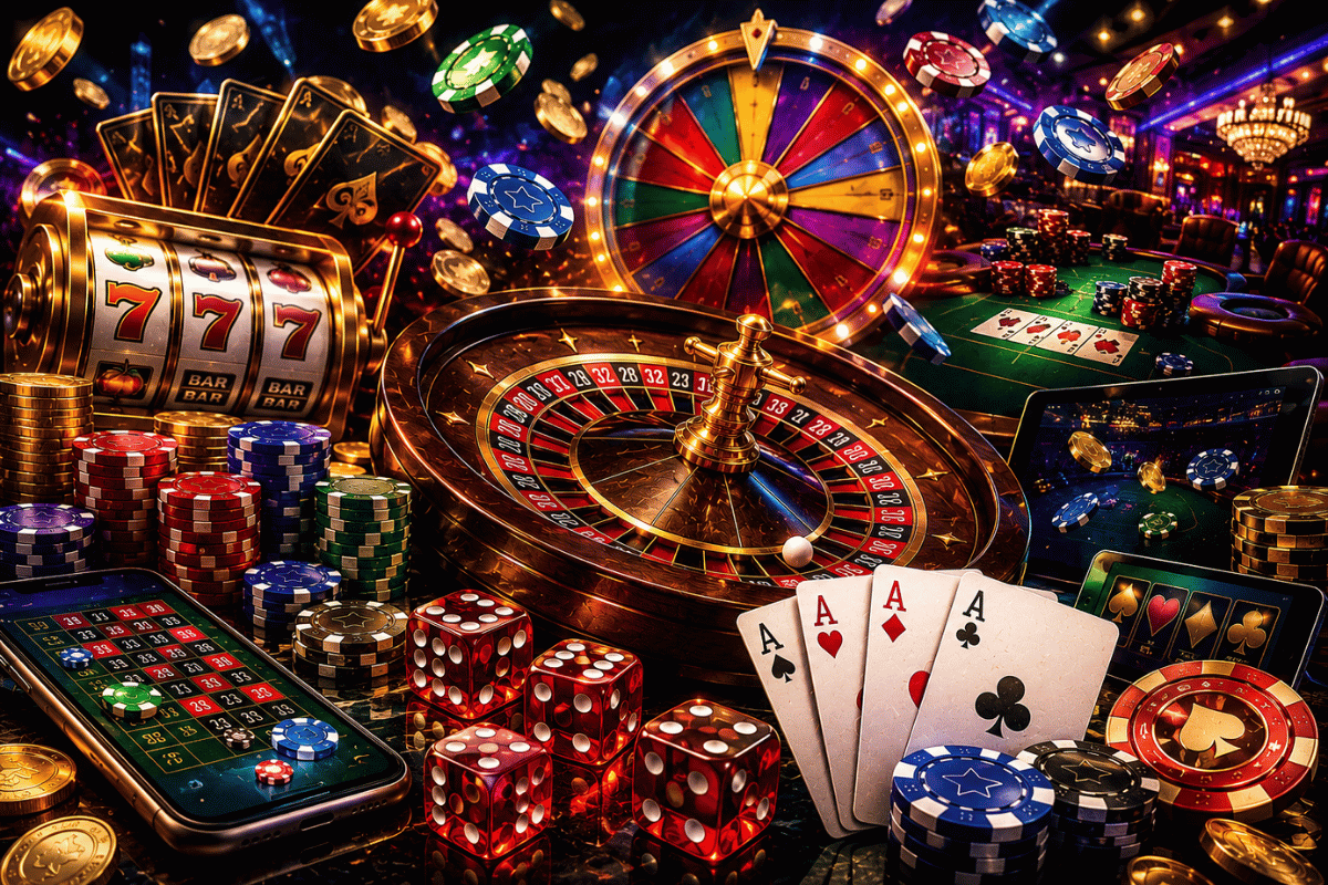 Online casino featuring roulette, slot machine, poker cards, dice, chips, lucky wheel, and digital casino games.