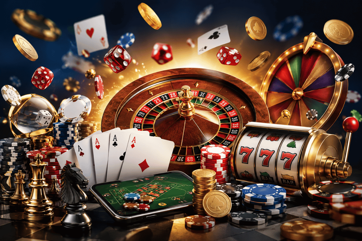 Online casino collection featuring roulette, slot machine, poker cards, chips, dice, lucky wheel, and casino table.