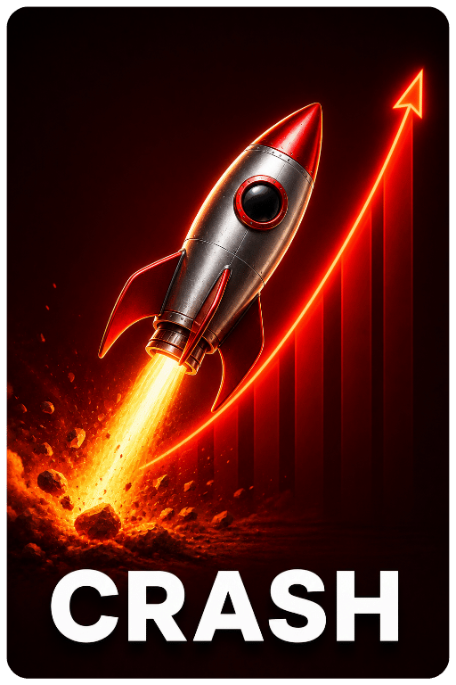 Crash game featuring a rocket launching upward with a rising multiplier graph.