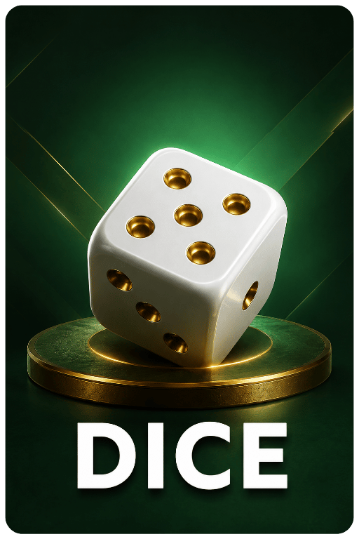 White dice with gold dots on a green background for a dice game.